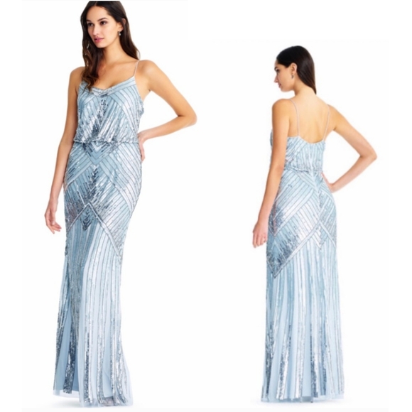 Aidan Mattox Cloud Blue Spaghetti Strapped Allover Beaded Long Dress - Picture 2 of 6